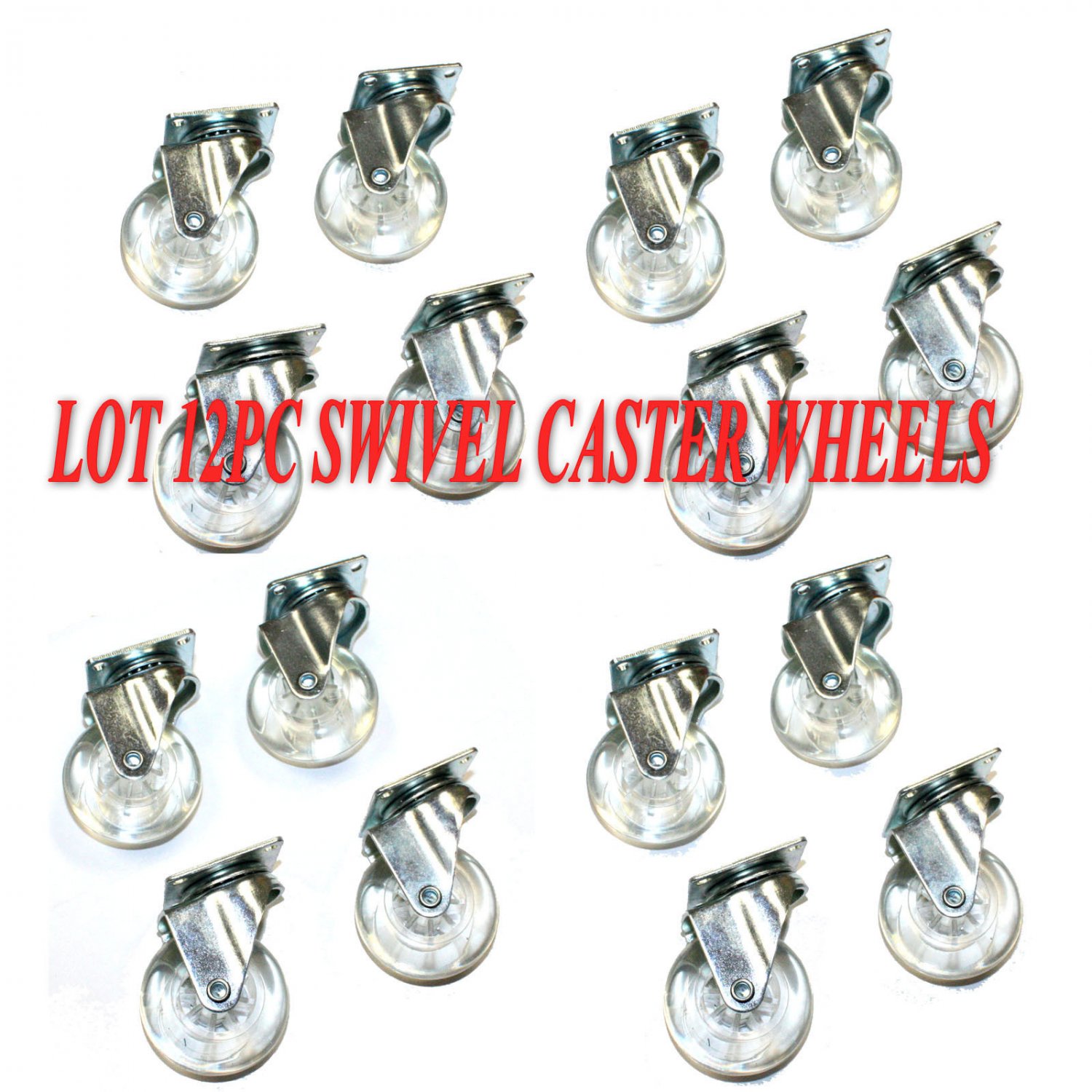 12 PCS 2" SWIVEL CASTER CLEAR WHEELS METAL BASE WITH BEARINGS SET LOT OF 12