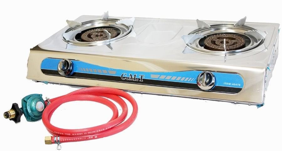 PROPANE STAINLESS 2 DOUBLE HEAD BURNER GAS STOVE  20000 BTU w/ Gas Regulator