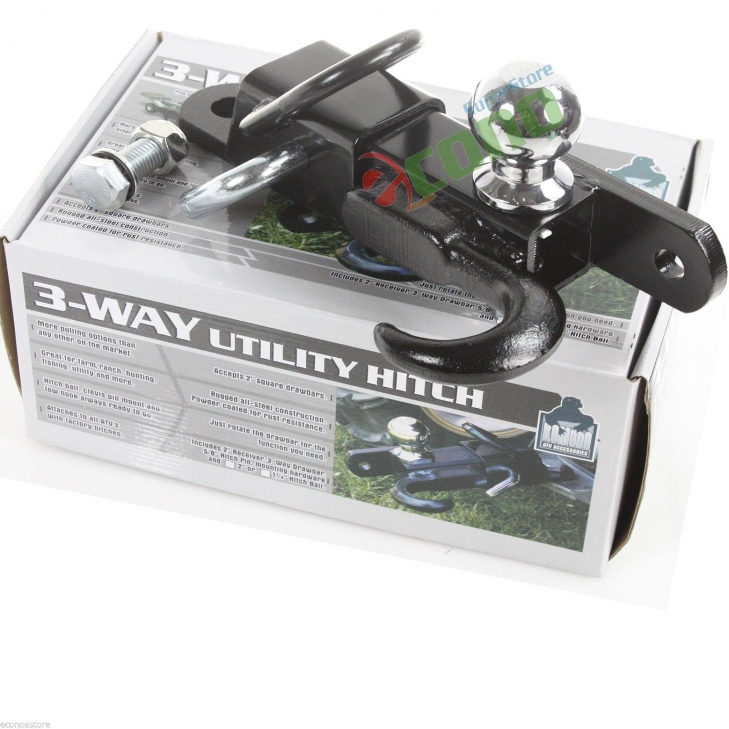 Off Road ATV Receiver Trailer Hitch 2" 3 Way Ball Tow Hook Utility Lawn Tractor