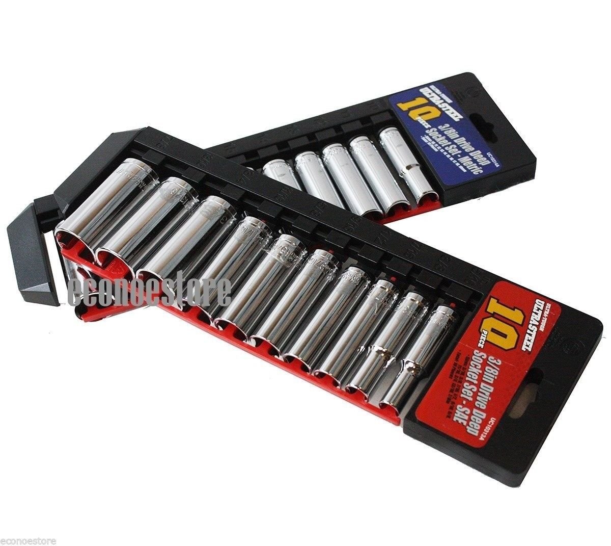 20 pc Mechanics Metric & SAE Deep Socket Set 3/8" Drive 6 Points with Tray
