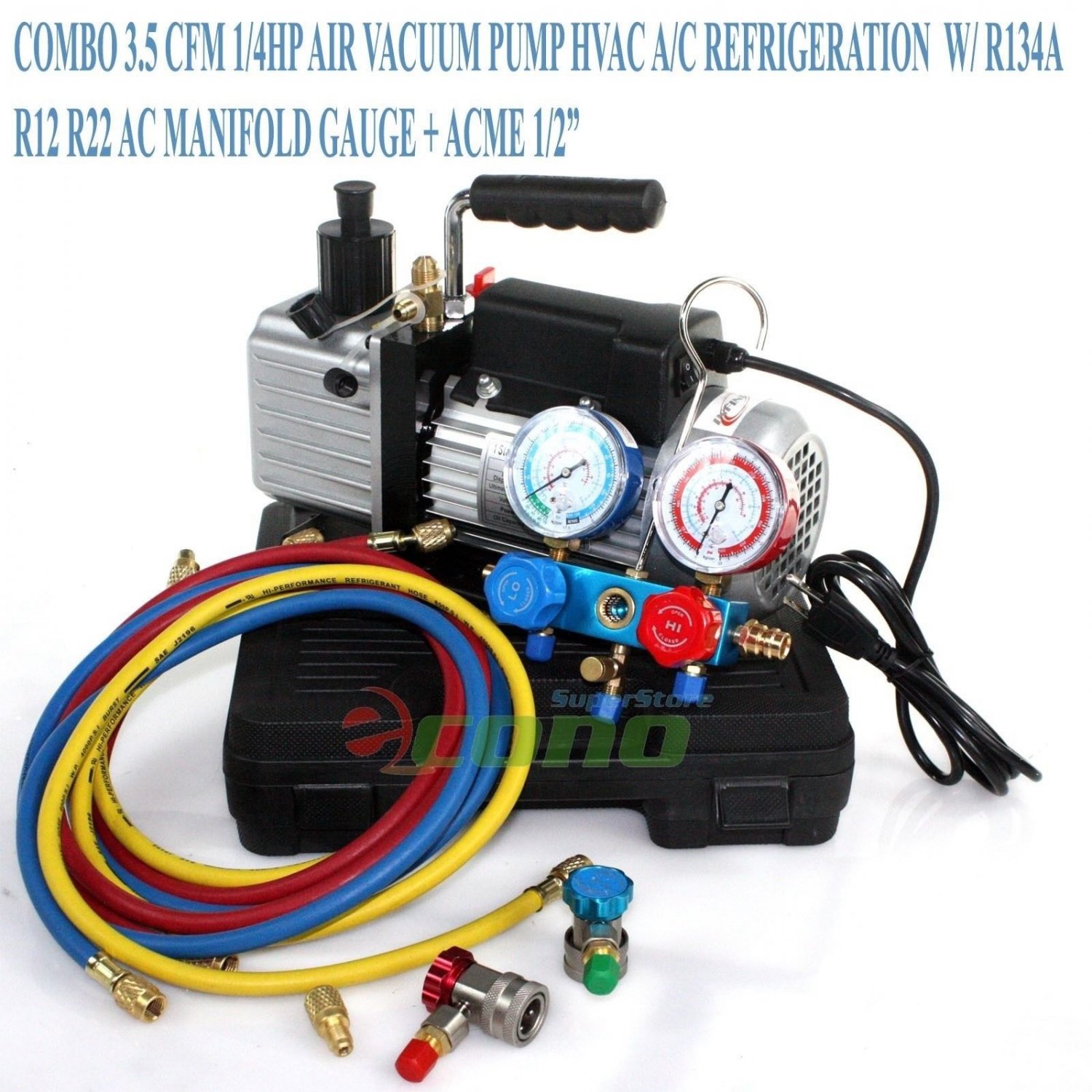 COMBO 3.5CFM 1/4HP AIR VACUUM PUMP HVAC A/C REFRIGERATION KIT AC MANIFOLD GAUGE
