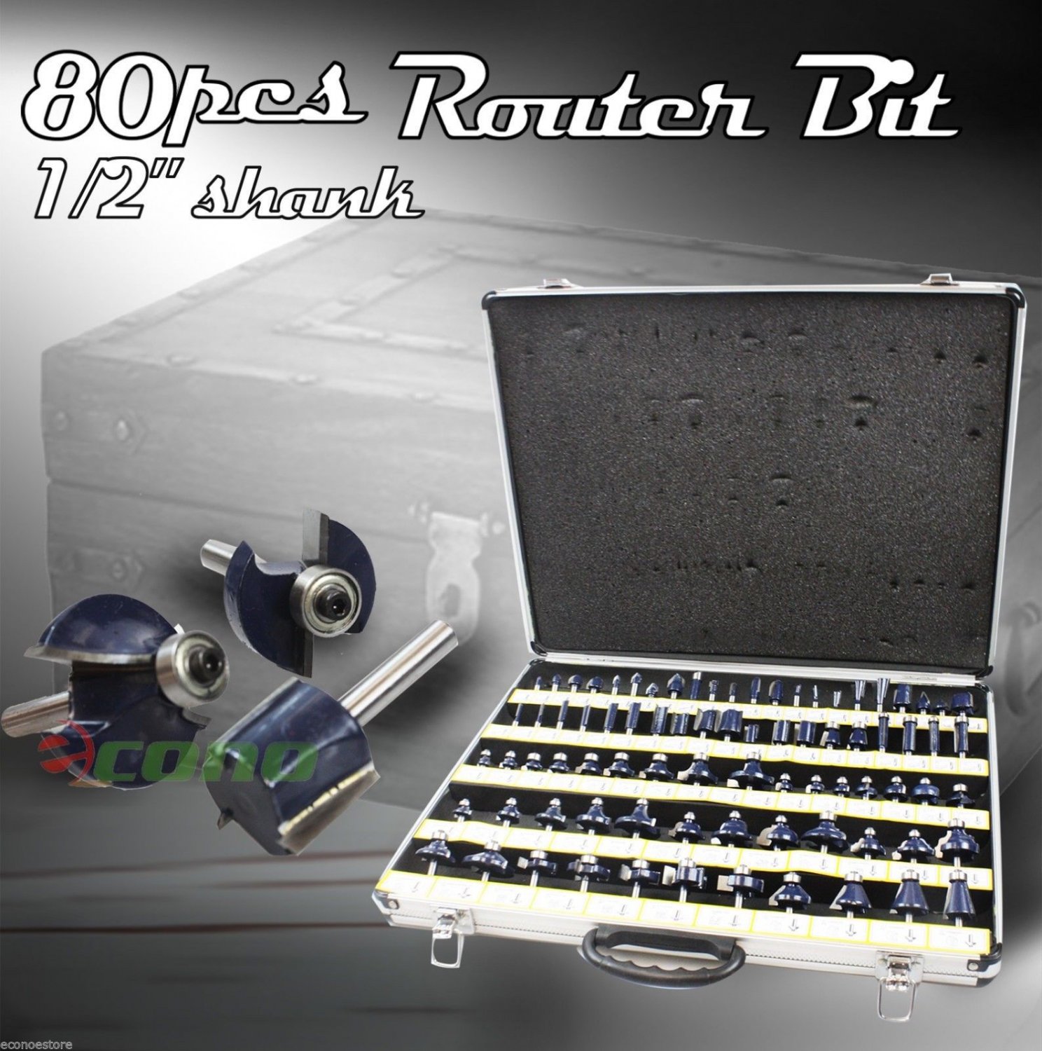 80pc 1/2" Shank Tungsten Carbide Router 3 Blades Bit Set w/ Aluminum Case