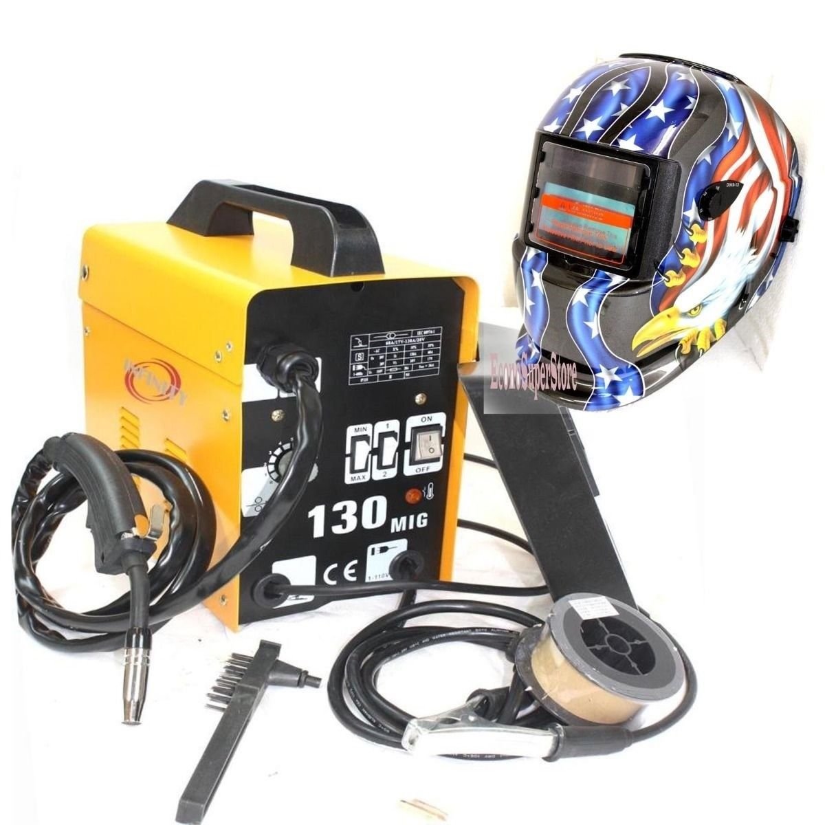 MIG-130 Flux Core Auto Wire Welder Machine w/Cooling & US Eagle Welding Helmet
