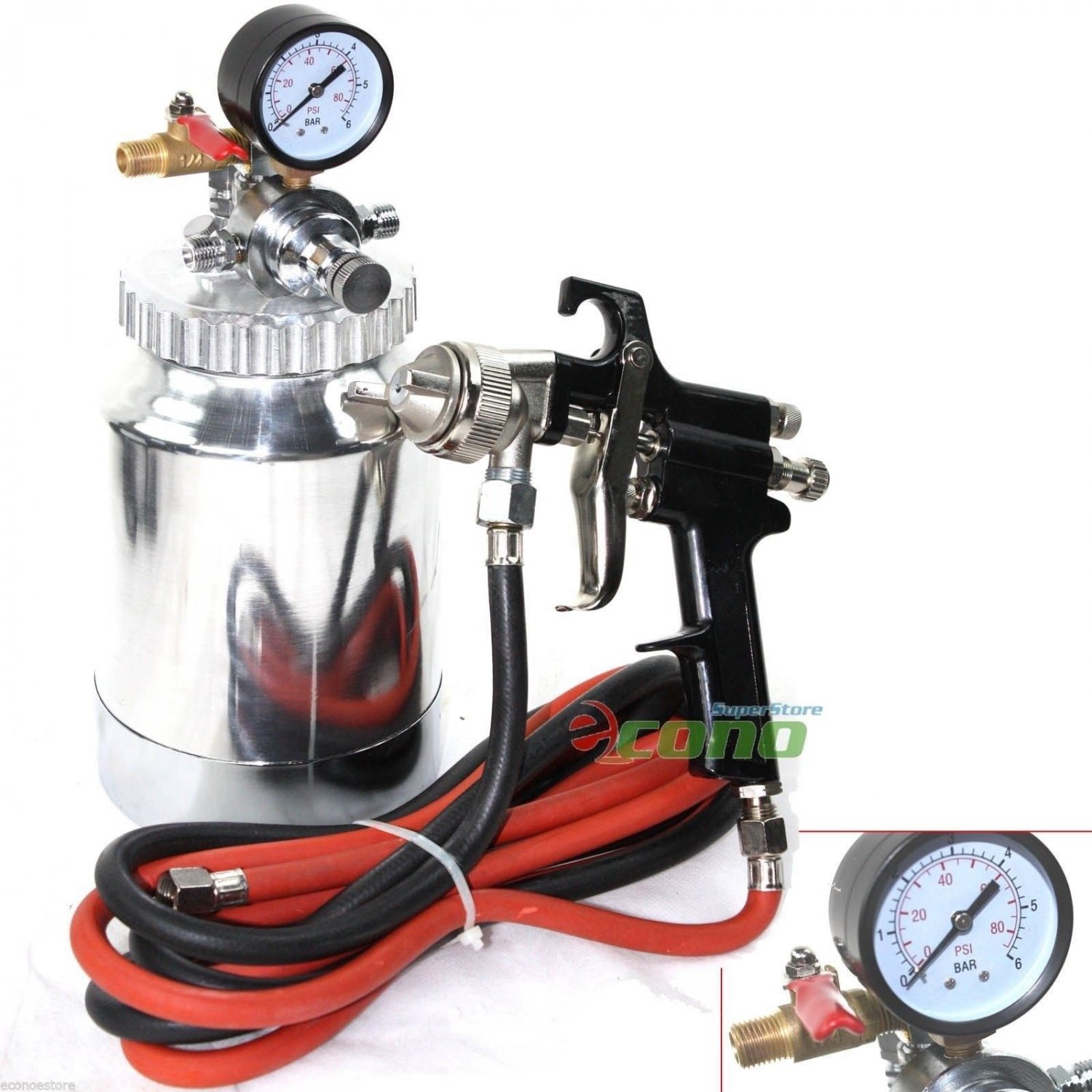 2 Quart Spray Canister Tank Spray Painting GUN 6ft air fluid hoses Gauge NEW