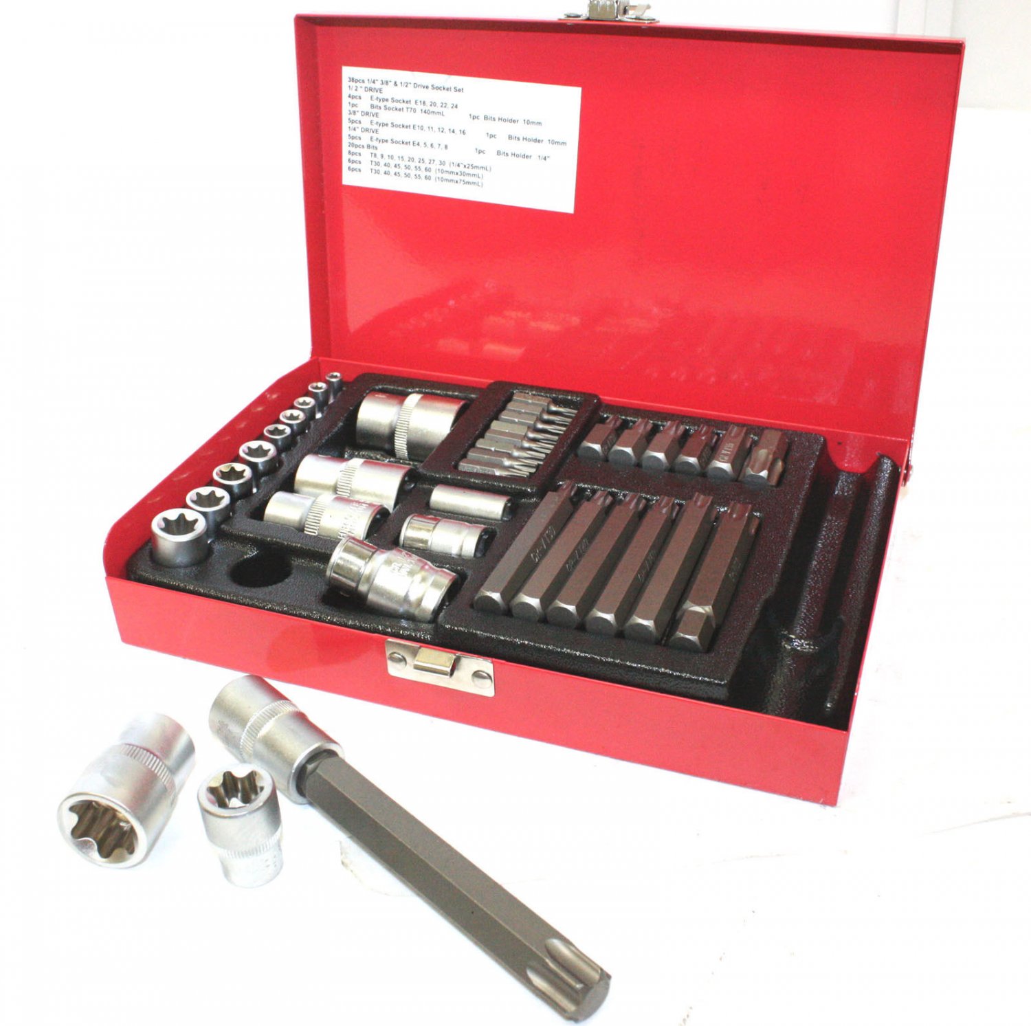 38pc 1/4", 3/8" & 1/2" Drive Torx Star Socket Set & Bit Male Female E & T Socket