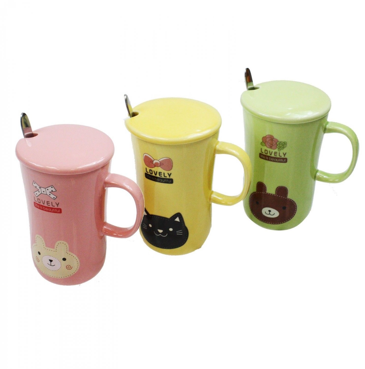 Lovely Cartoon Breakfast Ceramic Letter Milk Coffee Tea Cups Mug w/ Cap & Spoon