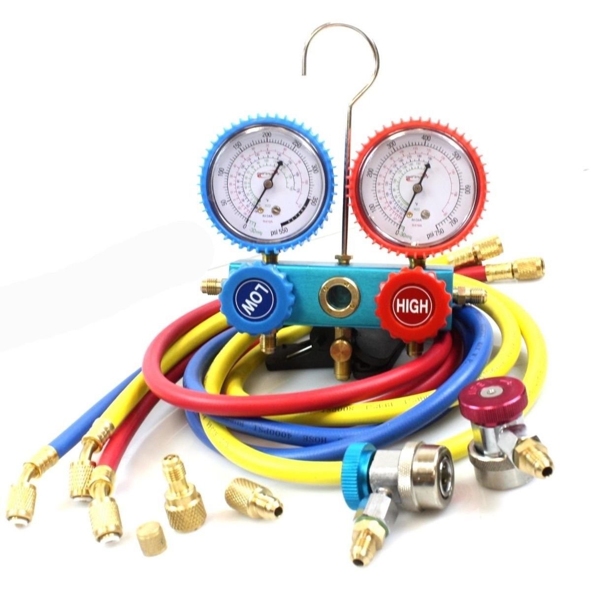R410A R134A HVAC AC MANIFOLD GAUGES W/3 CHARGE HOSES Quick Adapter ACME & 5/16"