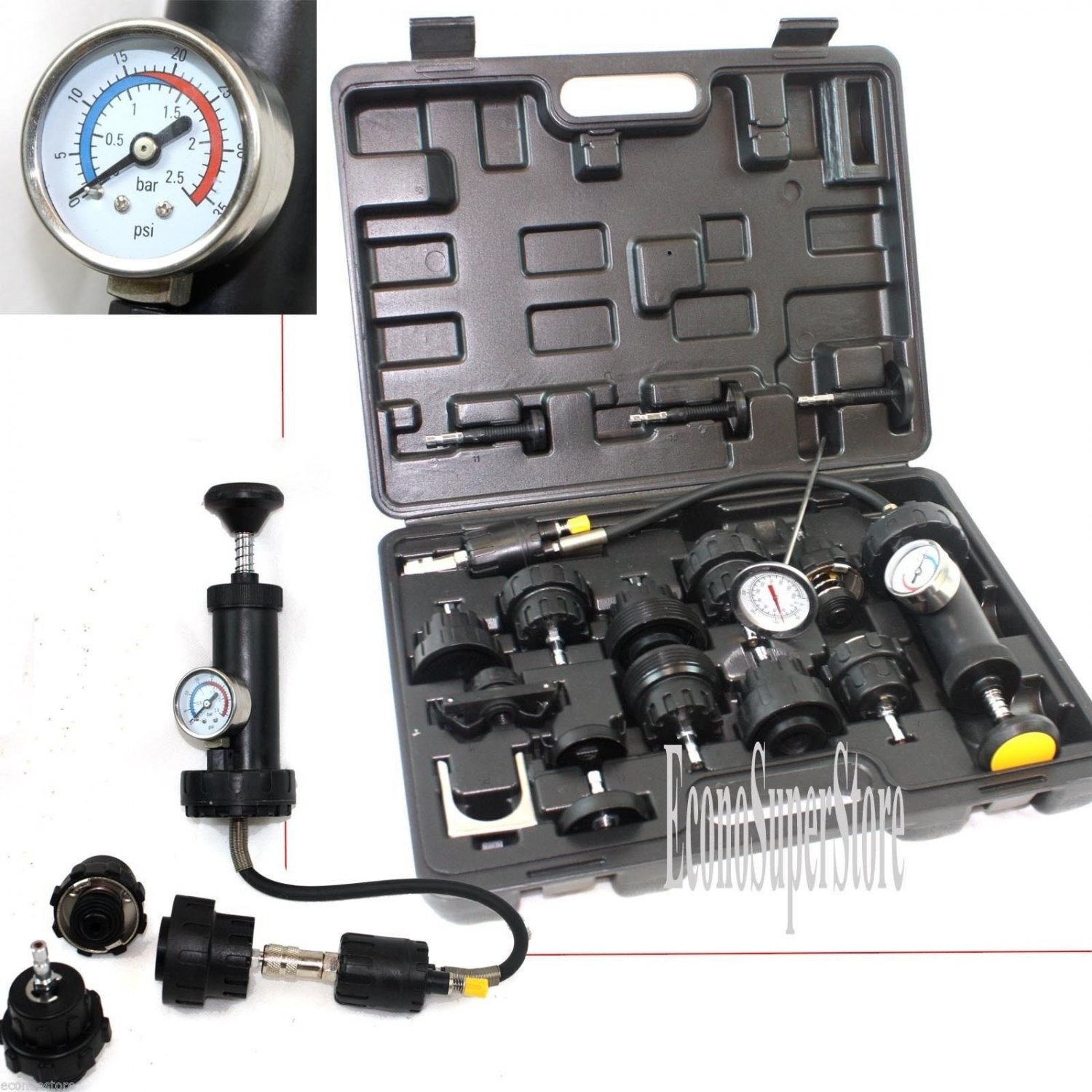 18pc Radiator Pump Pressure cooling Leak Tester Checker Kit Cap Pump Thermometer