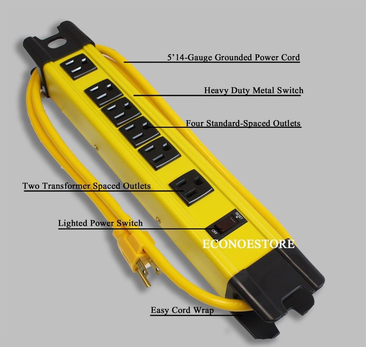 125V 15Amp 1875 Watt Six Outlet Metal Power Strip On/Off Switch Yellow Jacket
