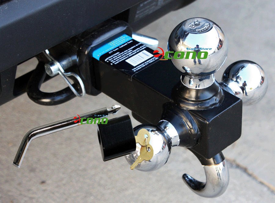 Solid Shank Triple Tri Ball + Hook Trailer Tow  Hitch Bar Mount W/Pin Lock Hitch