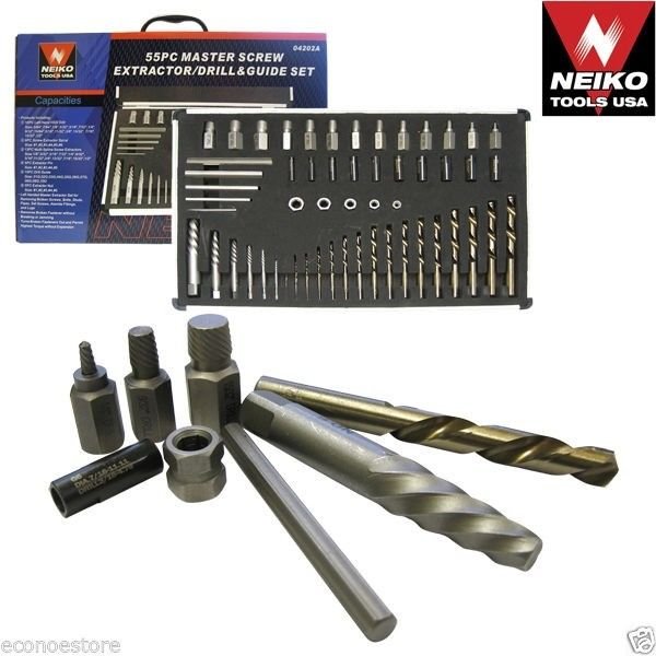 55pc Master Screw Extractor & Left Hand Drill Bit & Guide Set Bolt Stud Removers