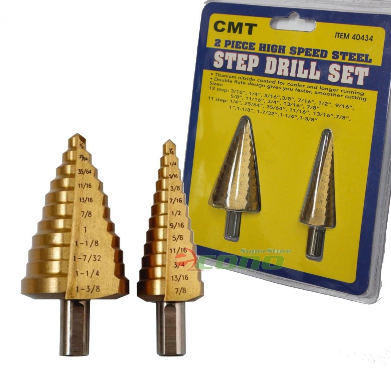 2pc Titanium Nitride Coated High Speed Steel Step Drill Bits  11 & 12 Step Bit