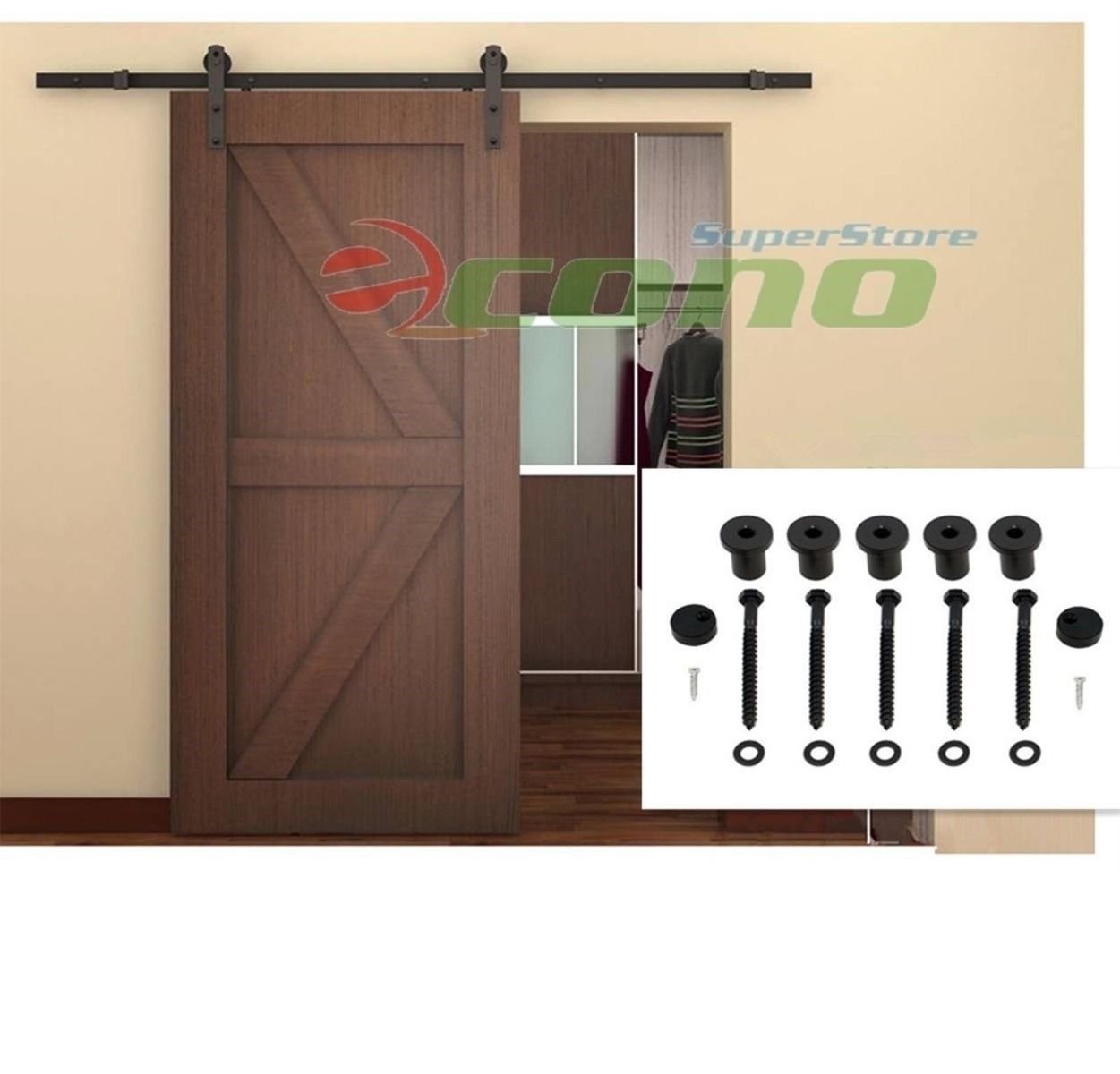 6Ft Sliding Door Closet Hardware Track Set 72" Rail Modern Style Black Barn Wood