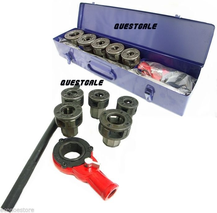 5 STOCK DIES PIPE THREADER W/ RATCHET HANDLE METAL CASE  1/4" 3/8" 1/2" 3/4" 1"