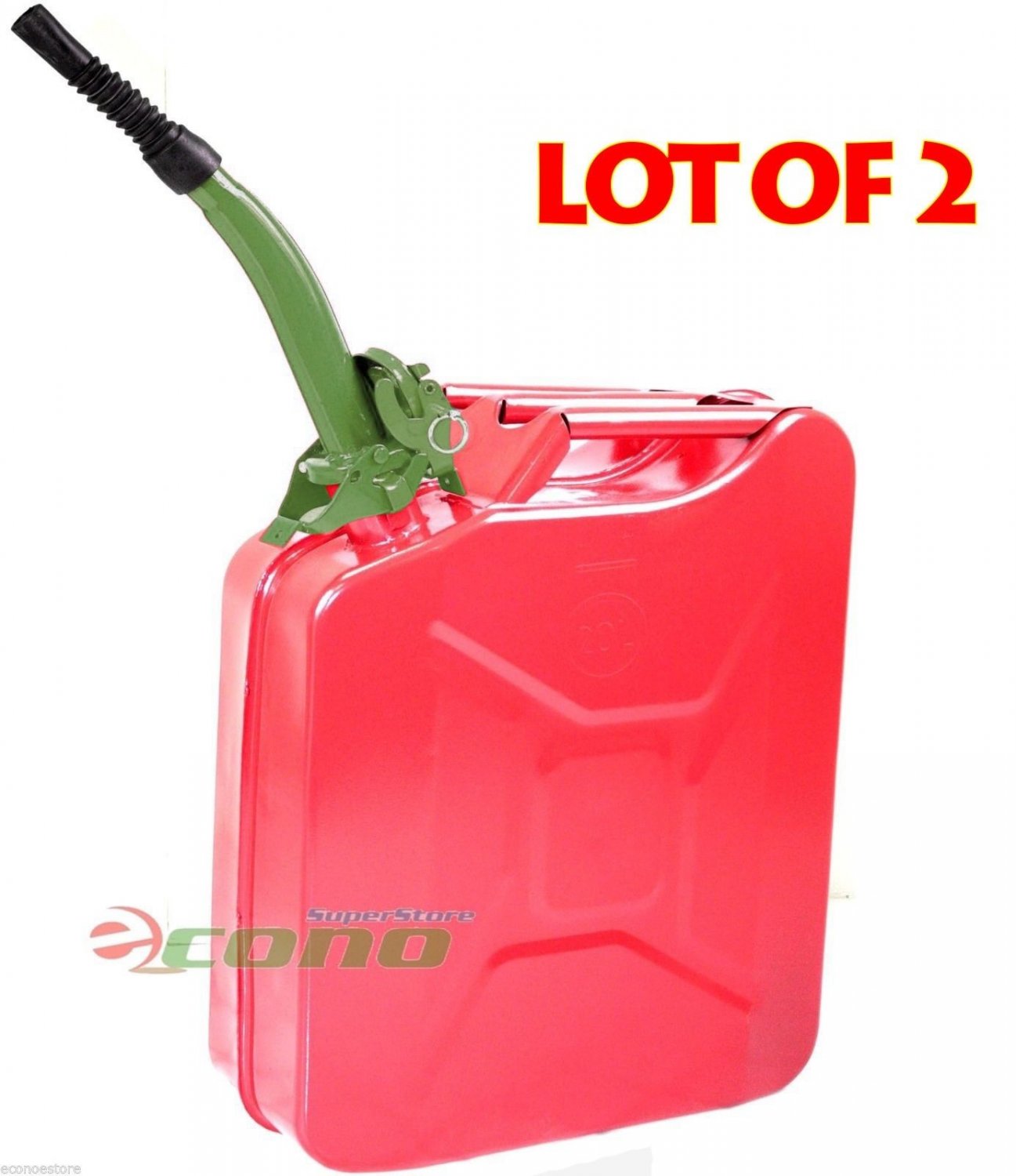 Lot Two RED 5 Gallon Jerry Can Gas Fuel Steel Tank Military Style W/Green Spout