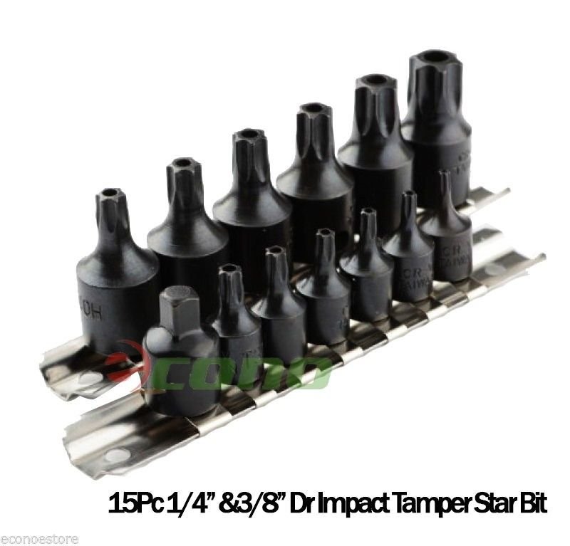 15pc 1/4" & 3/8" Drive Impact Tamper Proof Star Bit Torx Bits Set Auto Tools