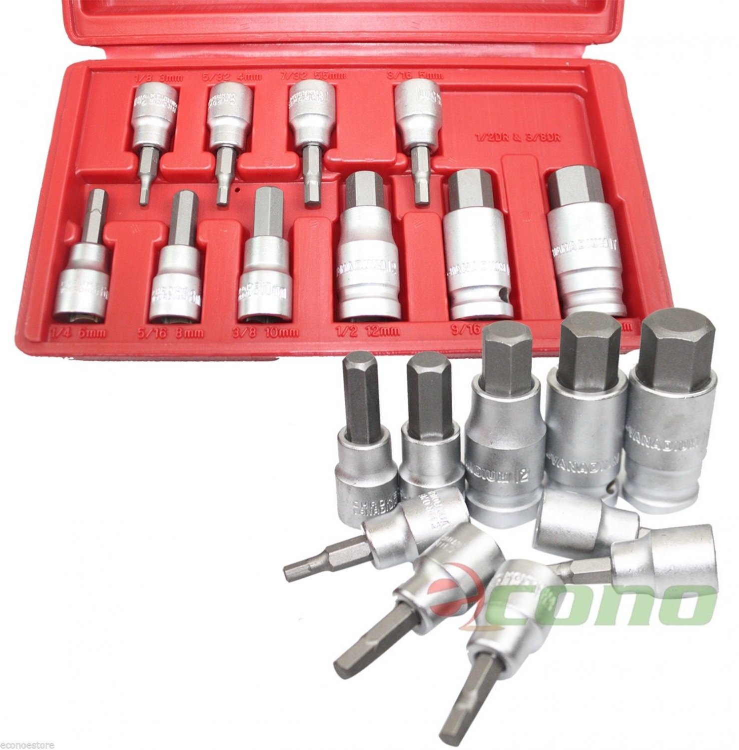10Pc 3/8" & 1/2" Drive SAE Heat Treated Hex Bit Socket w/Blow Case