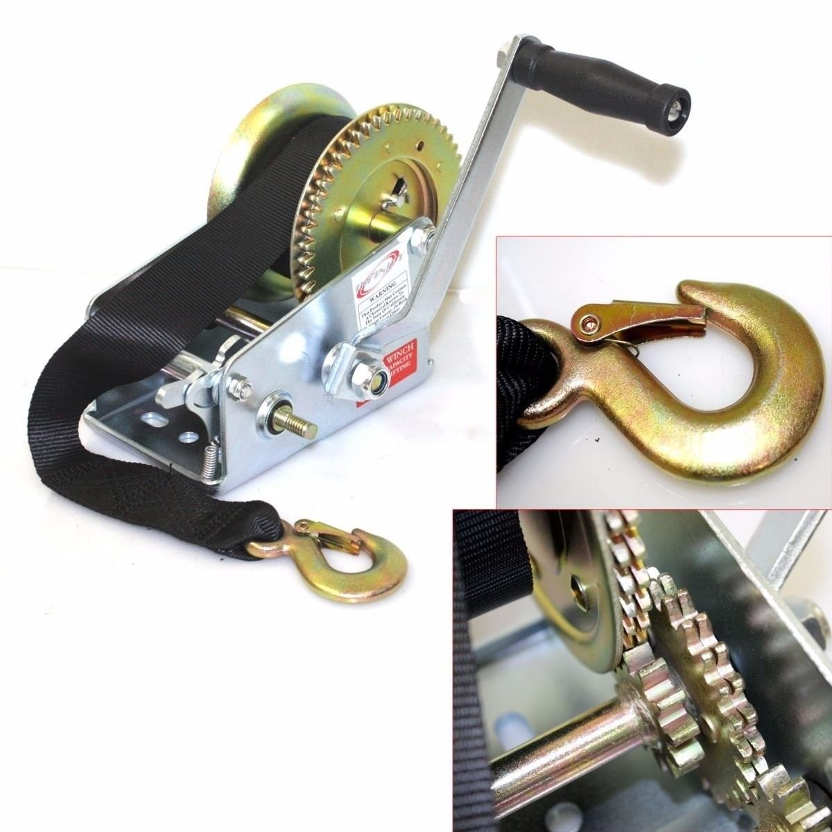 2500lbs Dual Gear Hand Winch Hand Crank Nylon Strap Gear Winch ATV Boat Trailer