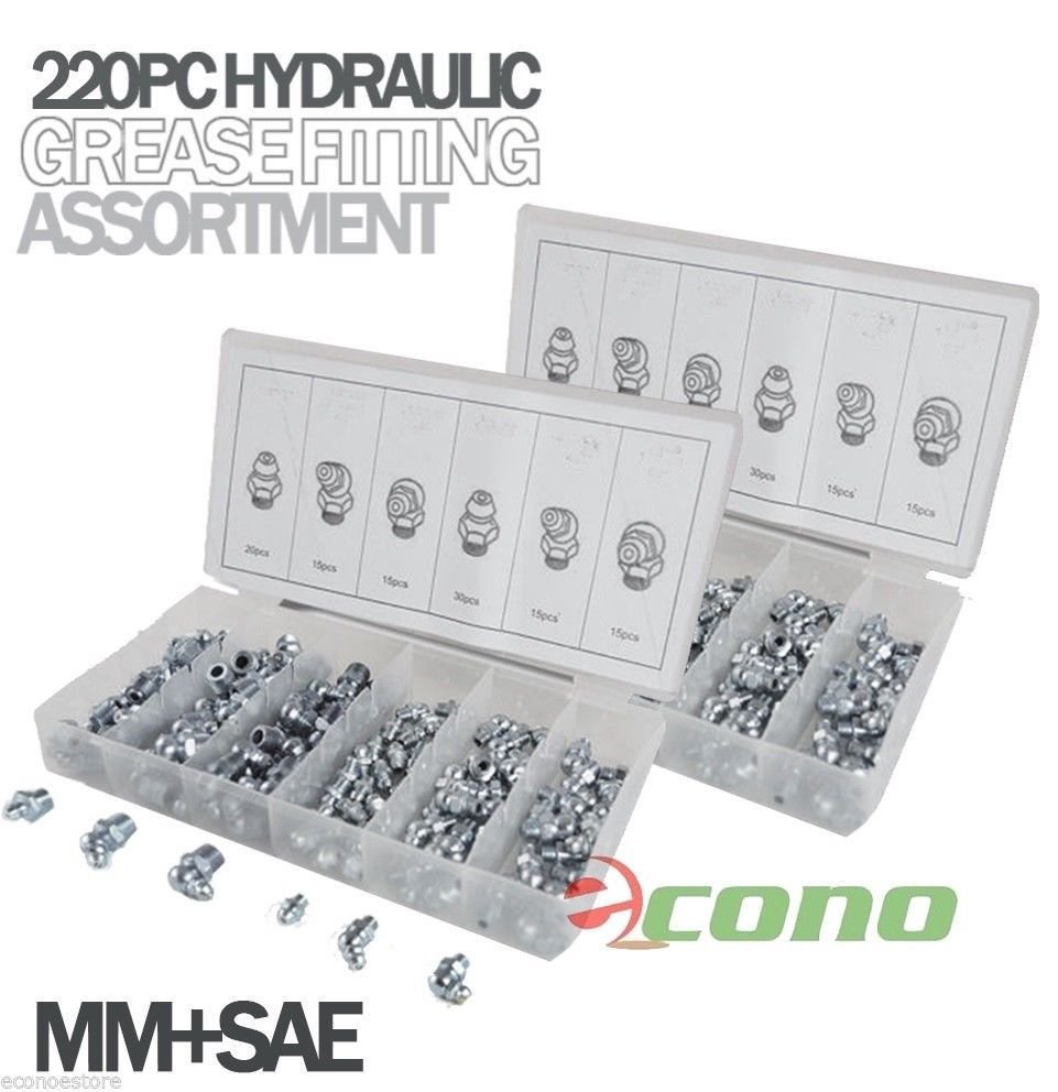 220PC SAE+ MM Hydraulic Grease Fitting Assortment Set Lube Lubrication Zerk