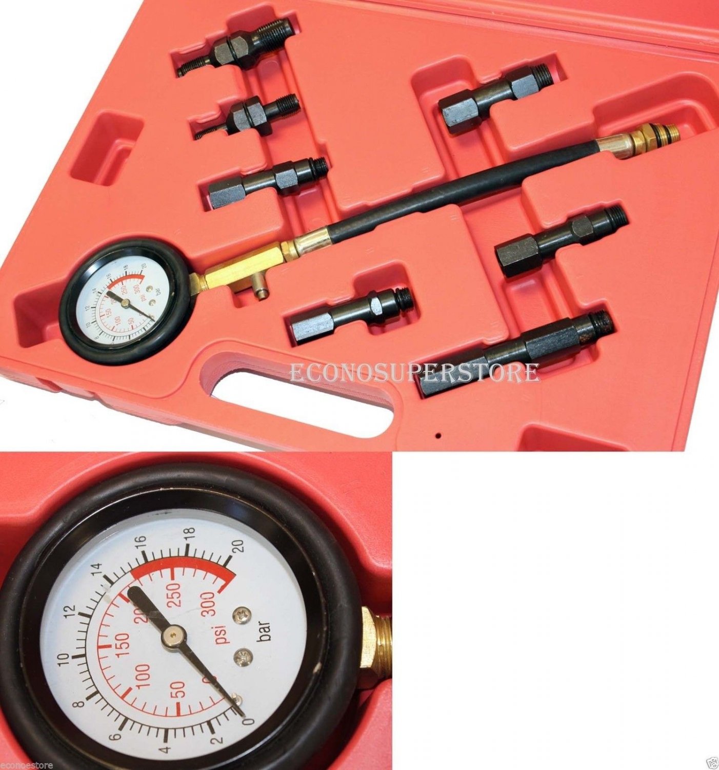 7PCS PETROL AUTO ENGINE COMPRESSION TESTER KIT ADAPTIVE W/ 300PSI GAUGE CP103414