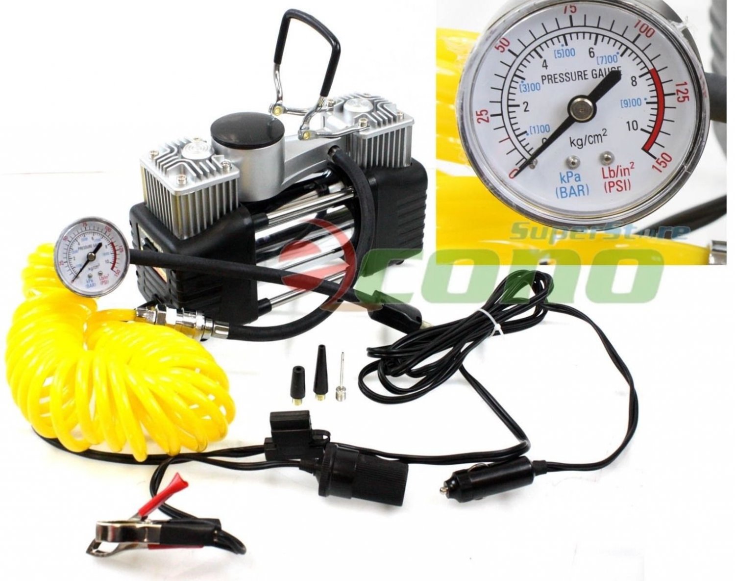 Portable 12v Mini Metal Air pump Compressor Tire Inflator w/ Hose & Bag + Gauge