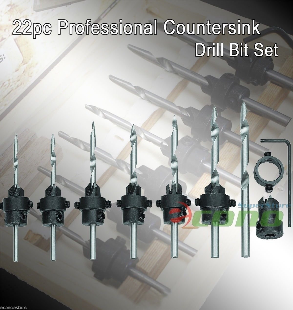 22pc Tapered Drill Bit & Countersink Drill Bit w/ Colllar Stops 4