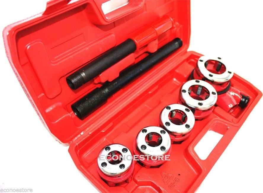 8Pc Pipe Threader Tool W/ Ratchet Handle Ratcheting & Stock Dies Plumbing Case
