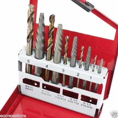 RIGHT HAND 10 PC STEEL SCREW EXTRACTOR DRILL BITS W/ METAL BOX #93189