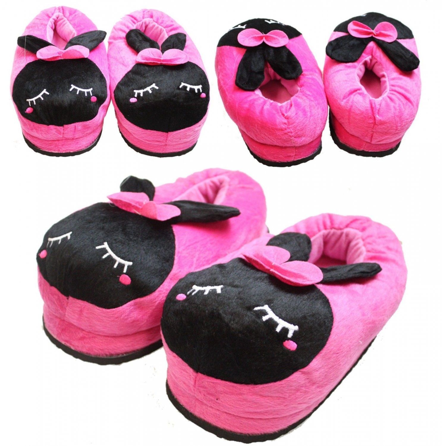 New Women Cute Hot Pink Rabbit Soft Warm Plush Indoor Home Winter Slippers