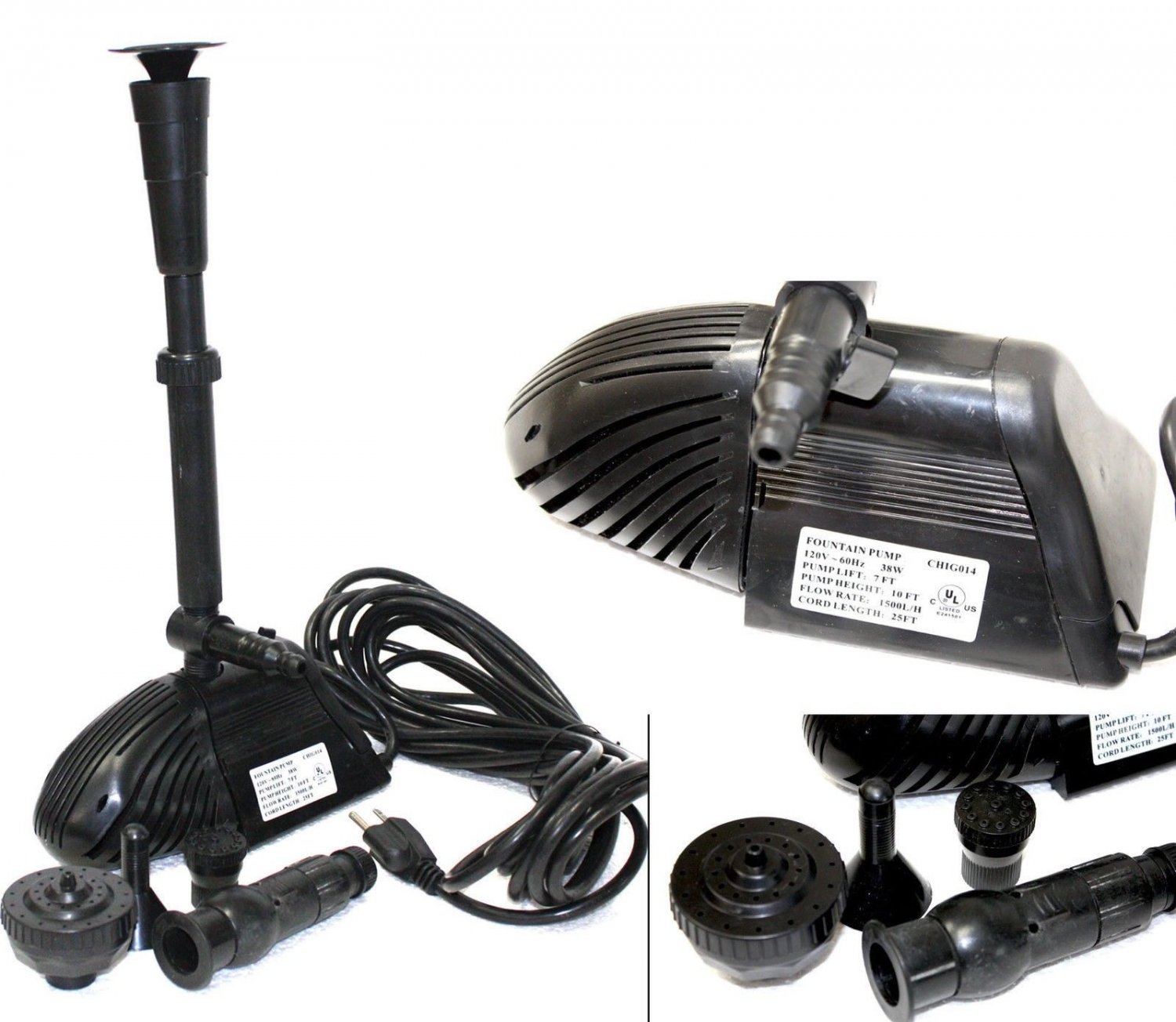 38W UL Koi Fountain Pond Water Pump Submersible Garden Pump 1500L/H 7FT Lift