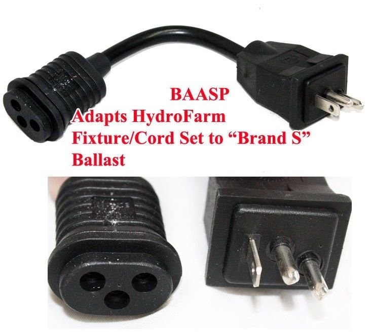 BAASP 8" Plug Adapter Cord Hydrofarm Fixture Cord to Brand S Ballast Receptacle