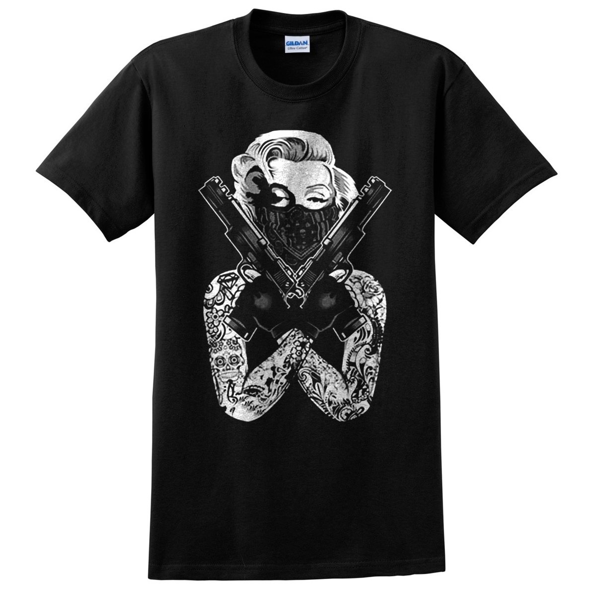 Marilyn Monroe Gangster Sexy Pinup Tattoo Guns Gang Ink Bandera Black T Shirts 0703