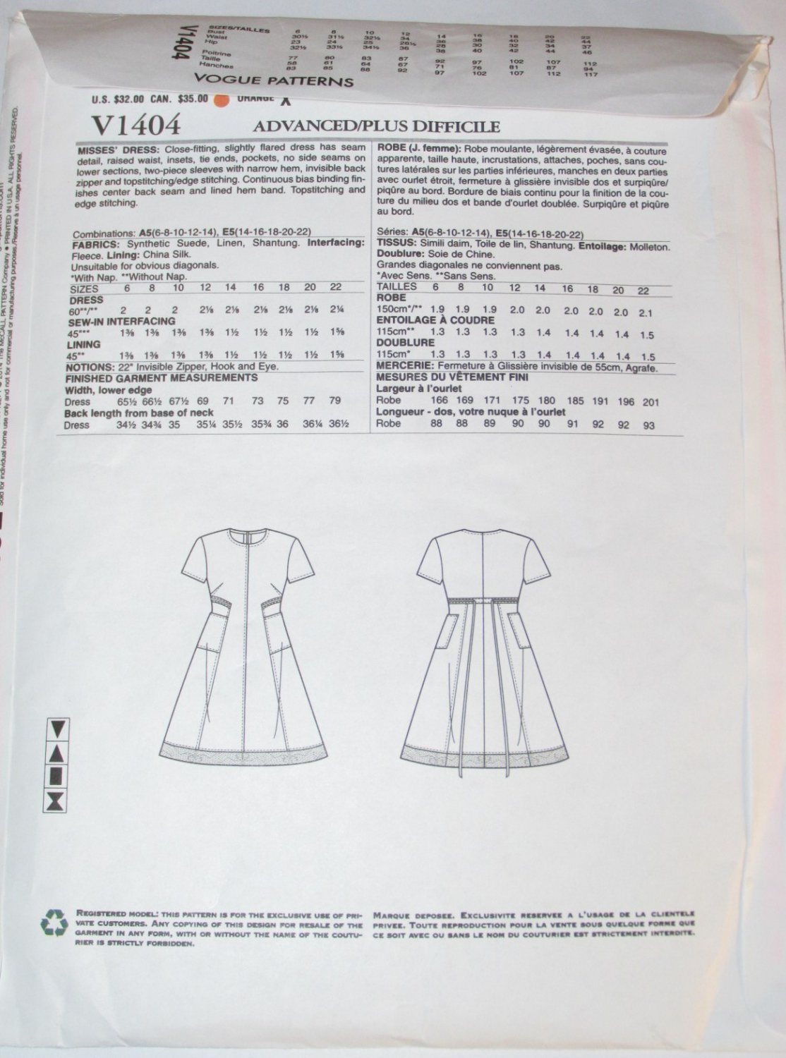 Vogue V1404 Ralph Rucci UNCUT Fit & Flare Pattern Sz 14-22 American ...