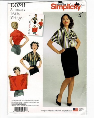 Simplicity D0741 / 8452 Vintage 1950s Blouse Sewing Pattern Reprint Size Sm Med Lg