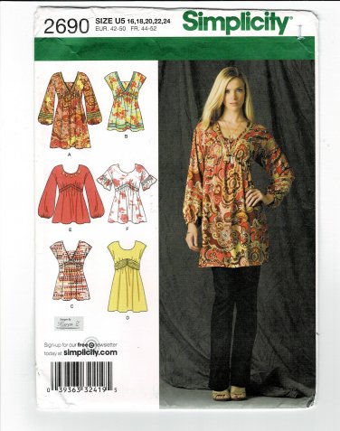 Simplicity 2690 Misses Mini Dress or Tunic Tops Sewing Pattern Size 16-24 UNCUT