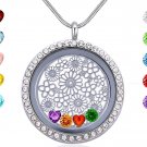 Floating Locket with Charms Crystal Birthstones Stainless Steel Pendant Necklace