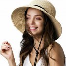 Womens Wide Brim Sun Hat with Wind Lanyard UPF Summer Straw Sun Hats for Women
