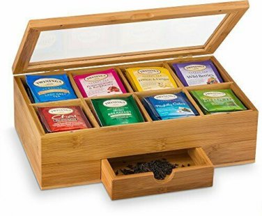 Bambusi Bamboo Tea Storage Box - Natural Wood Tea Chest Organizer with Small Dra