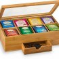 Bambusi Bamboo Tea Storage Box - Natural Wood Tea Chest Organizer with Small Dra