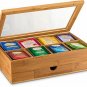 Bambusi Bamboo Tea Storage Box - Natural Wood Tea Chest Organizer with Small Dra
