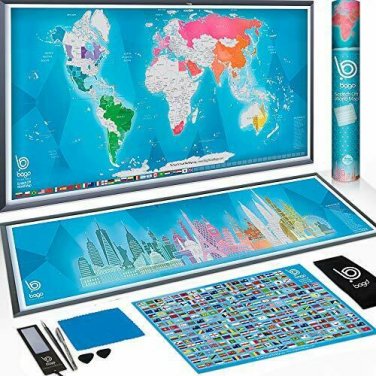 Scratch Off Map of The World + Skyline Art - World Map Poster Travel Gifts - 36x