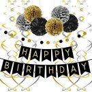 Famoby Happy Birthday Banner with Pom Poms Circle Dots Confetti Garland Hanging