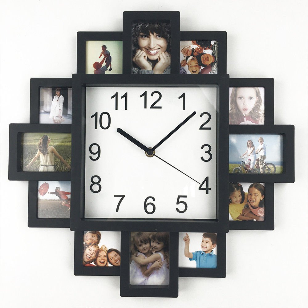12 MULTI APERTURE MODERN COLLAGE PHOTO FAMILY PICTURE FRAME & TIME WALL CLOCK