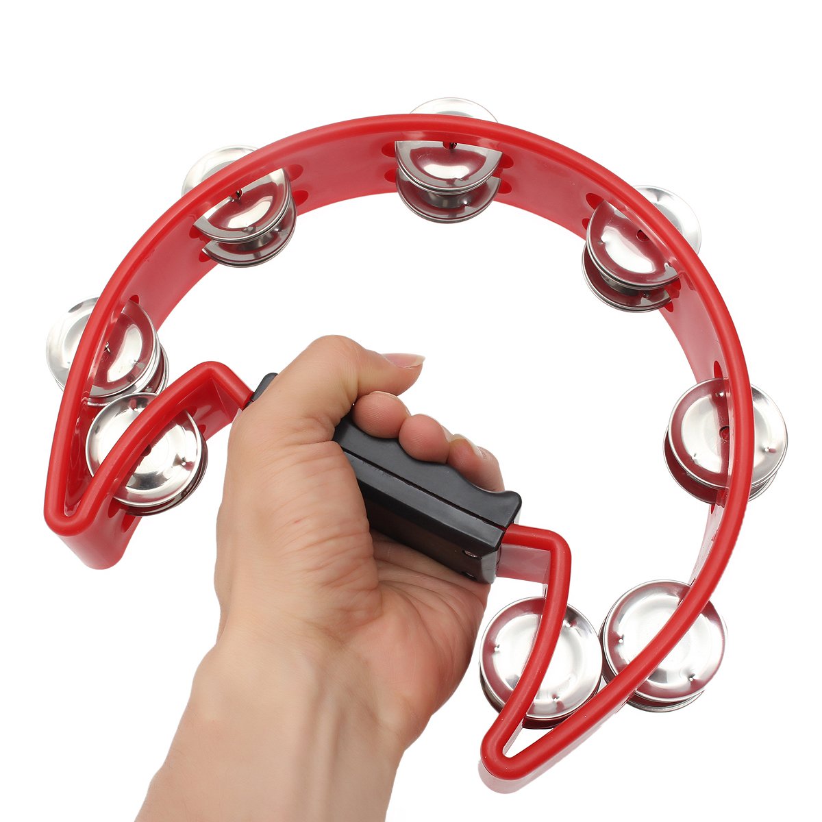 Musical Tambourine Hand Held with Double Row Metal Jingle Handle Percussion Instruments Orff Musical