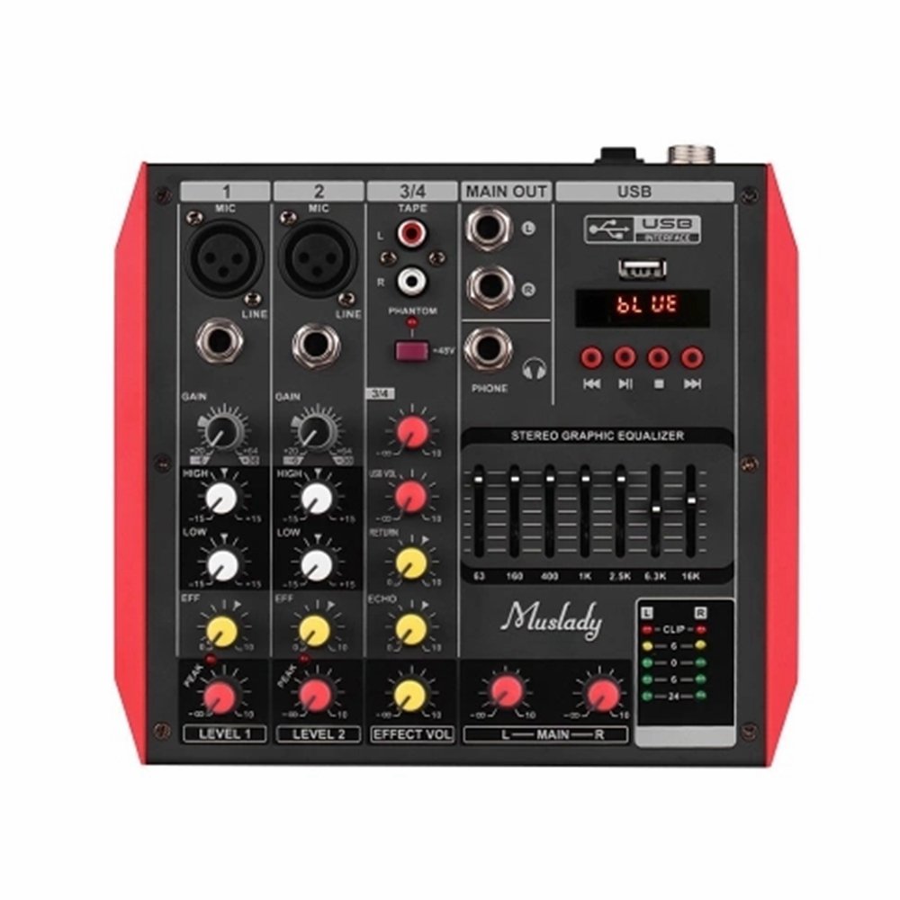 ELM D4 4 Channel Audio Bluetooth Mixer Mixing Console with 7-Band EQualizer USB Phantom Power 48V