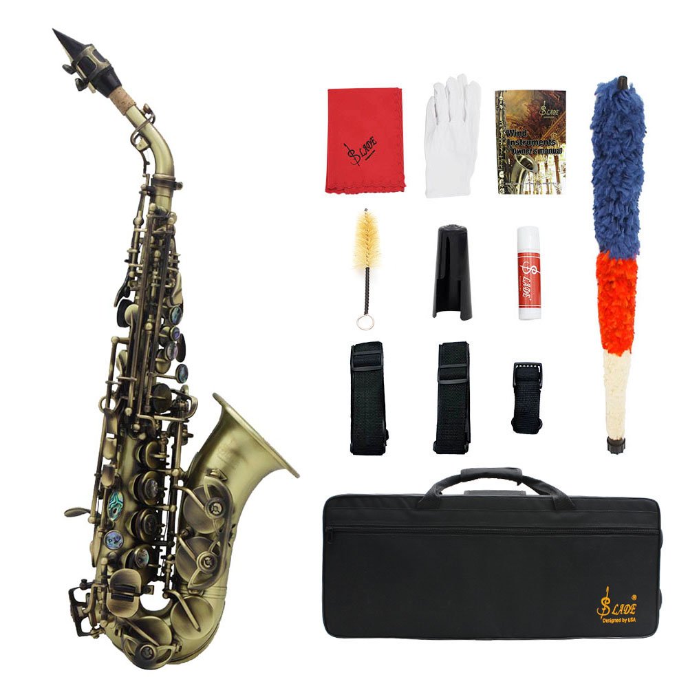 Slade Vintage Style Bb Soprano Saxophone with Carry Case Gloves Cleaning Cloth Brush Sax Strap Mouth