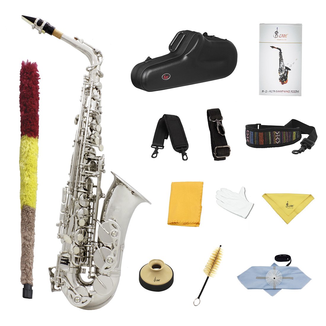 SLADE E-Flat Eb Alto Saxophone Silver Lacquer with Storage Case Kit