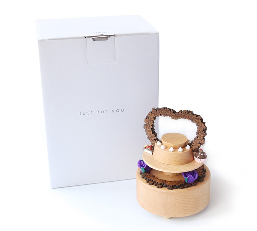Loving Birthday Cake Rotating Wooden Music Box for Gift