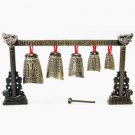 Chinese Musical Instrument Bronze Meditation Gong with 7 Ornate Cow Bell Set