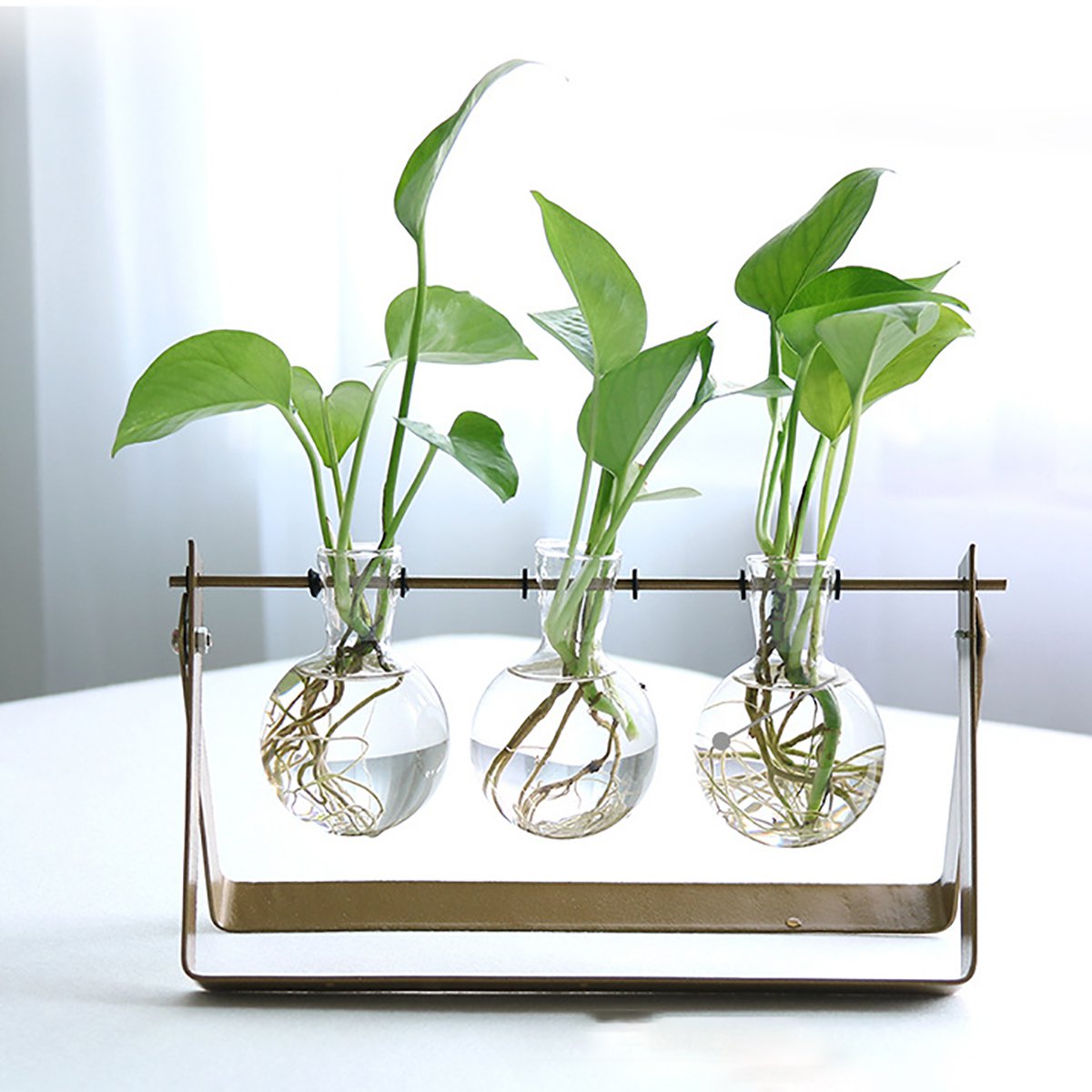 Desktop Glass Planter Bulb Vase with Classic Solid Iron Stand and Metal Swivel Holder for Hydroponic